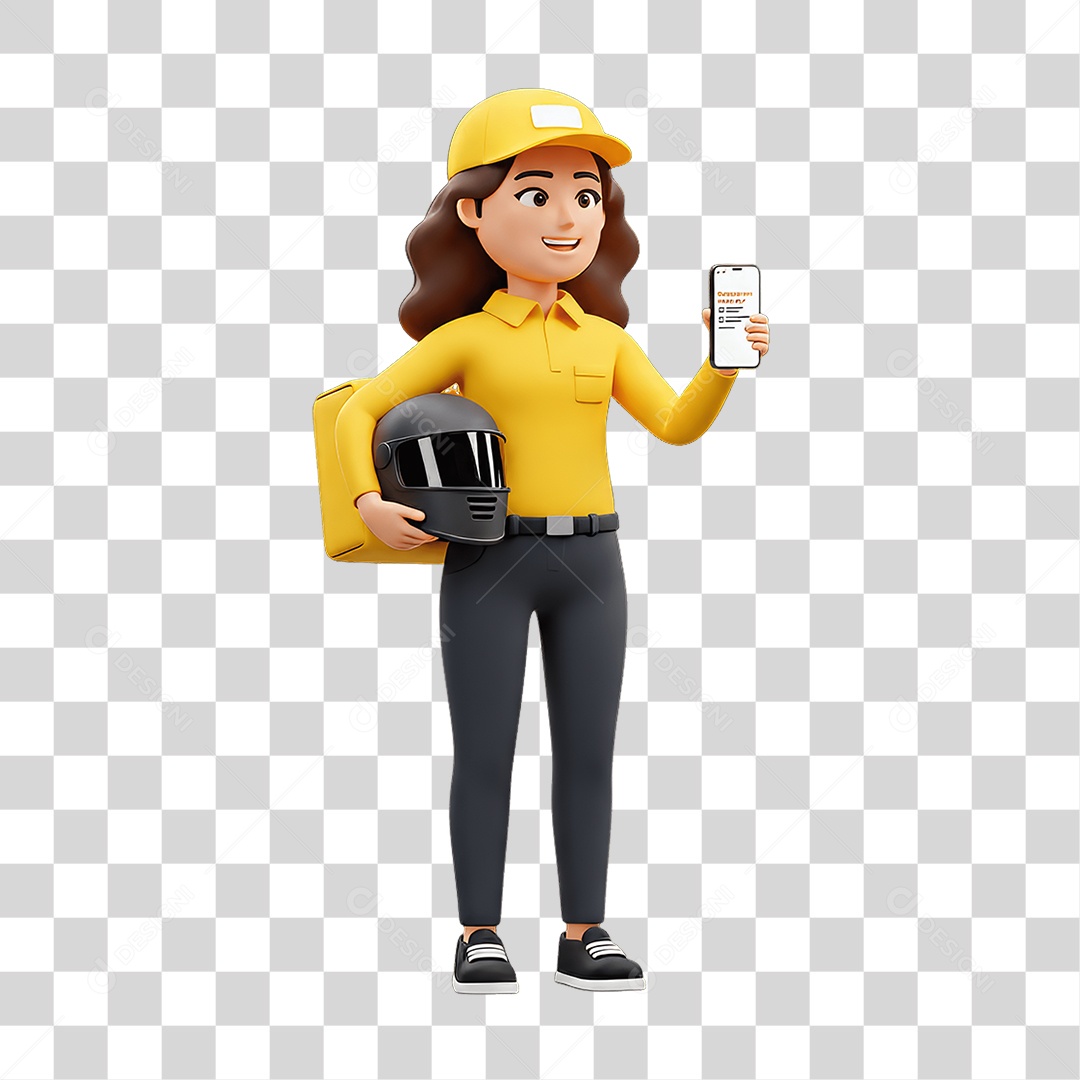 Personagem Mulher Entregadora com Celular nas Mãos PNG Transparente
