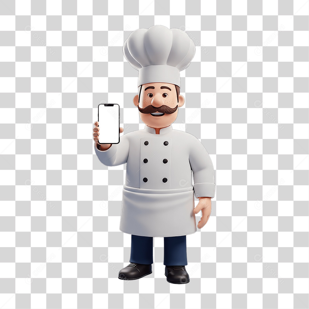 Personagem Chefe de Cozinha com Celular nas Mãos PNG Transparente