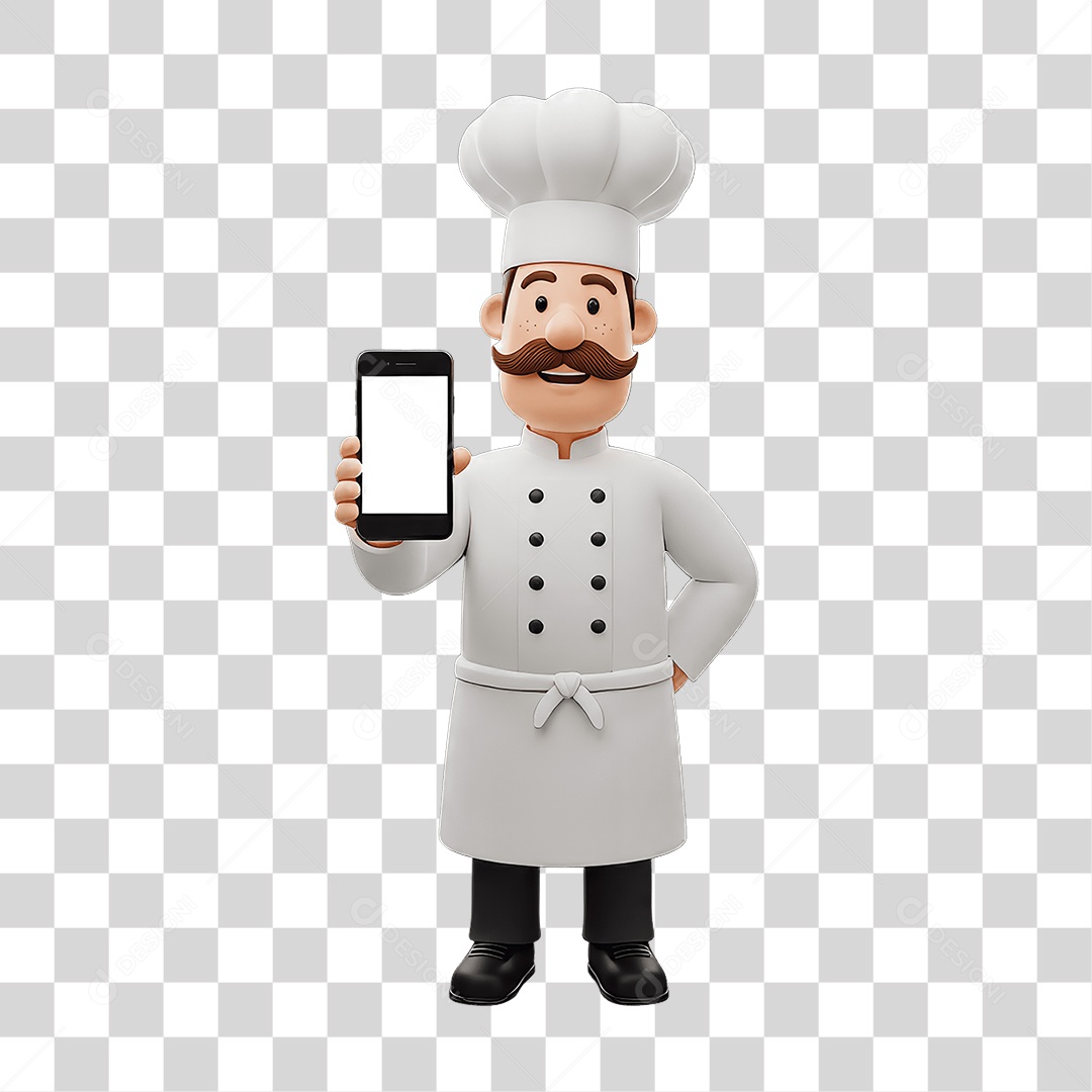Personagem Chefe de Cozinha com Celular nas Mãos PNG Transparente