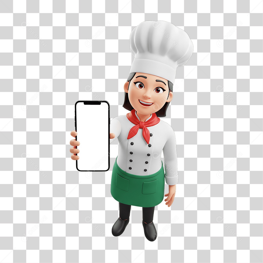 Personagem Chefe de Cozinha com Celular nas Mãos PNG Transparente