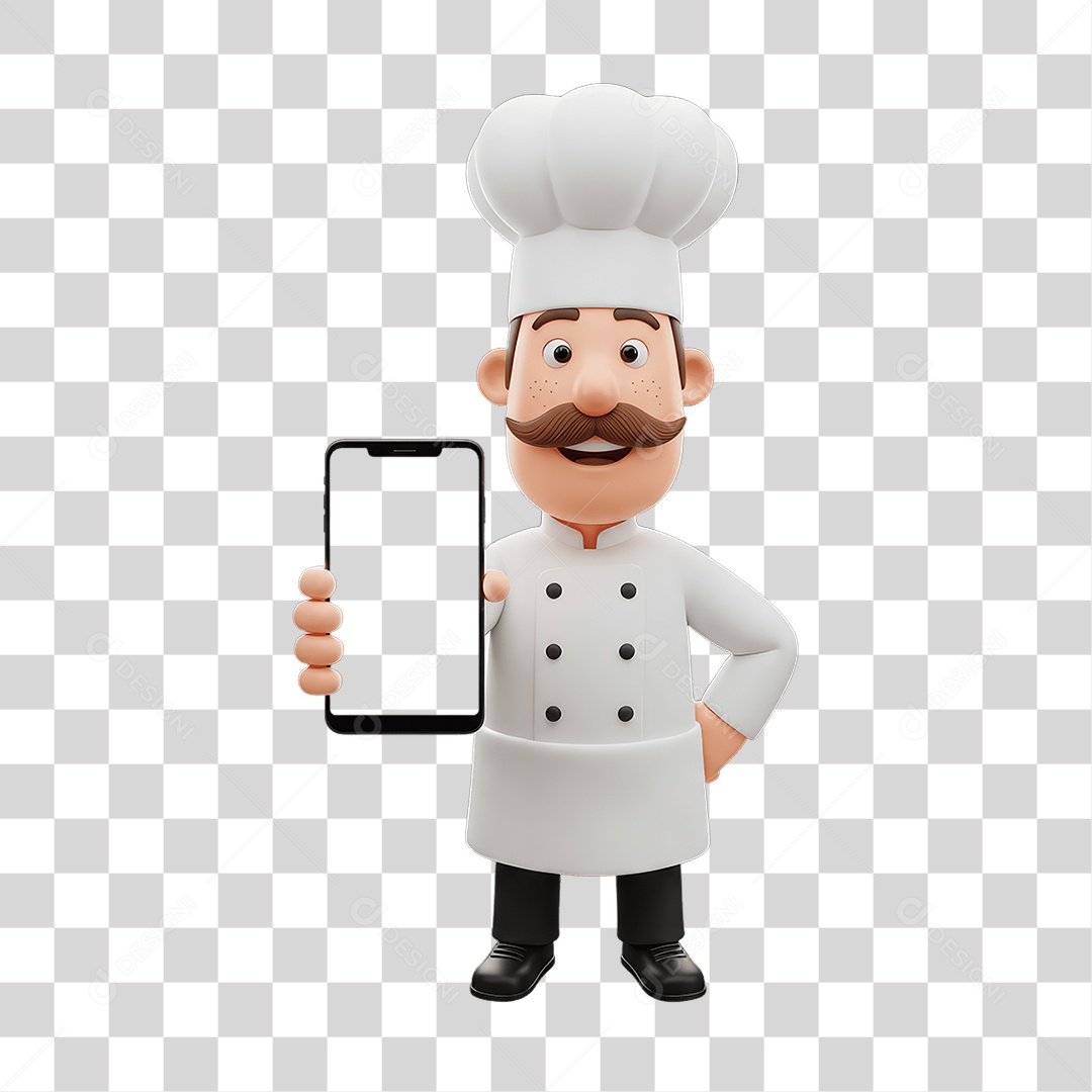 Personagem Chefe de Cozinha com Celular nas Mãos PNG Transparente