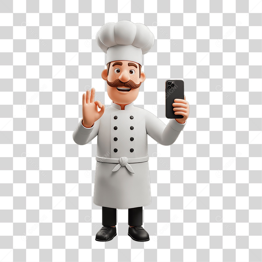 Personagem Chefe de Cozinha com Celular nas Mãos PNG Transparente