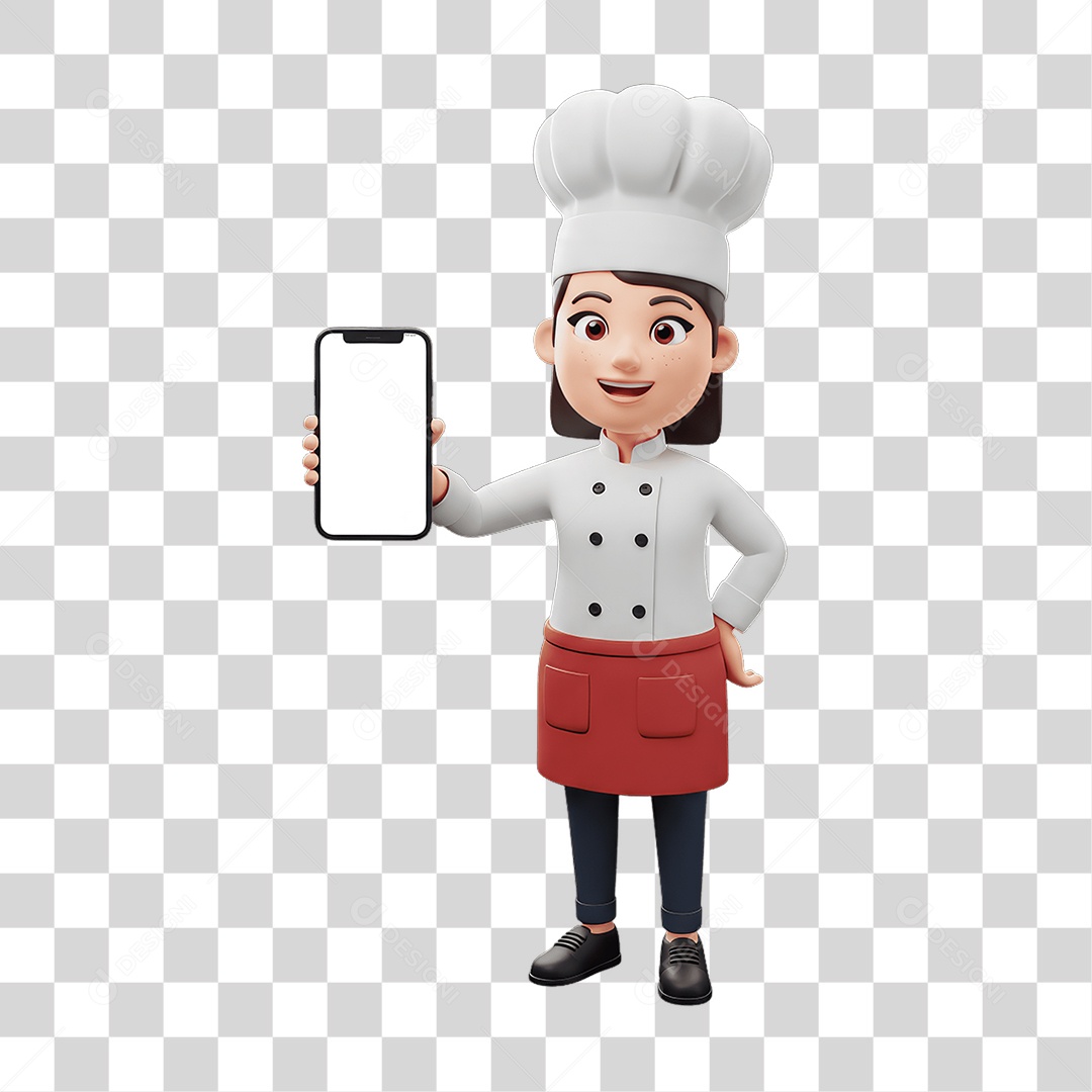 Personagem Chefe de Cozinha com Celular nas Mãos PNG Transparente