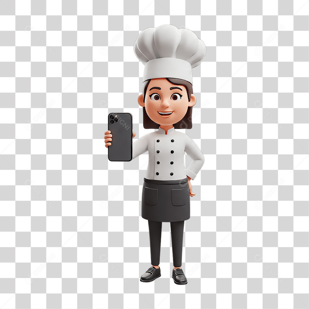 Personagem Chefe de Cozinha com Celular nas Mãos PNG Transparente