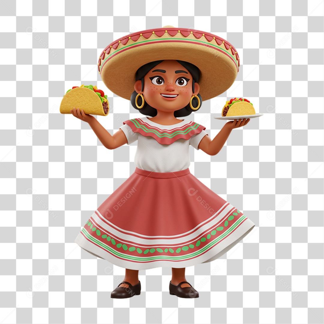 Personagem Mulher Mexicana com Comidas Típicas da Região PNG Transparente