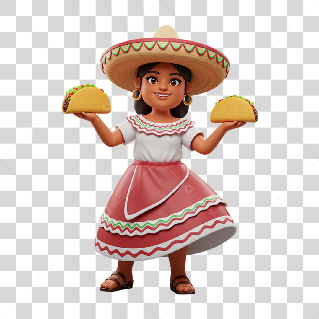 Personagem Mulher Mexicana com Comidas Típicas da Região PNG Transparente