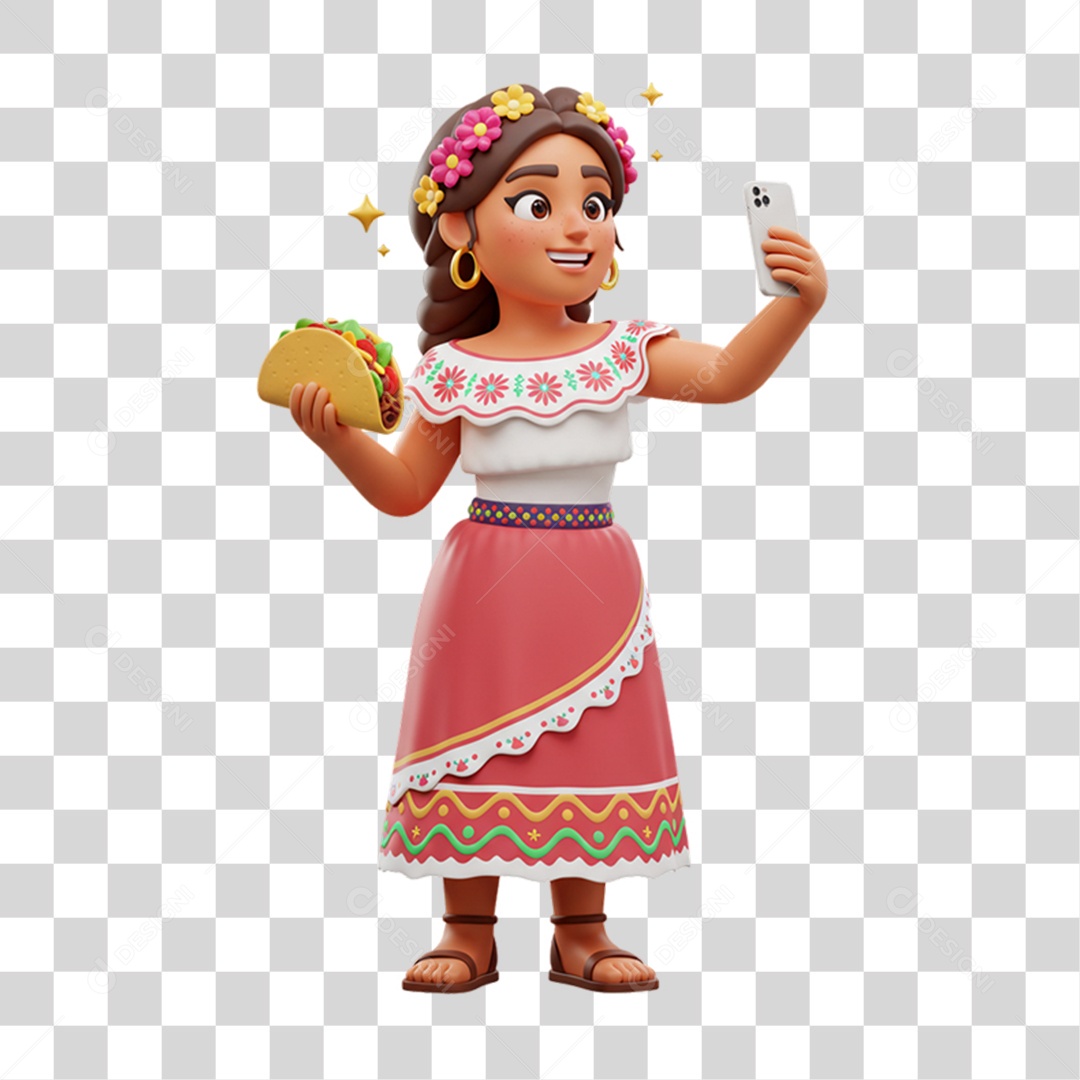 Personagem Mulher Mexicana com Comidas Típicas da Região PNG Transparente
