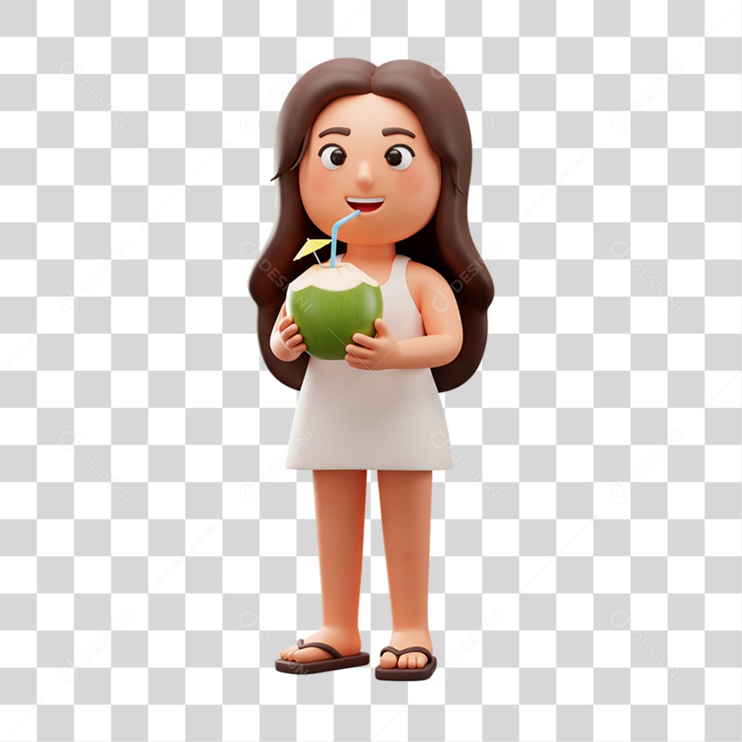 Mulher Tomando Água de Coco em Praia PNG Transparente