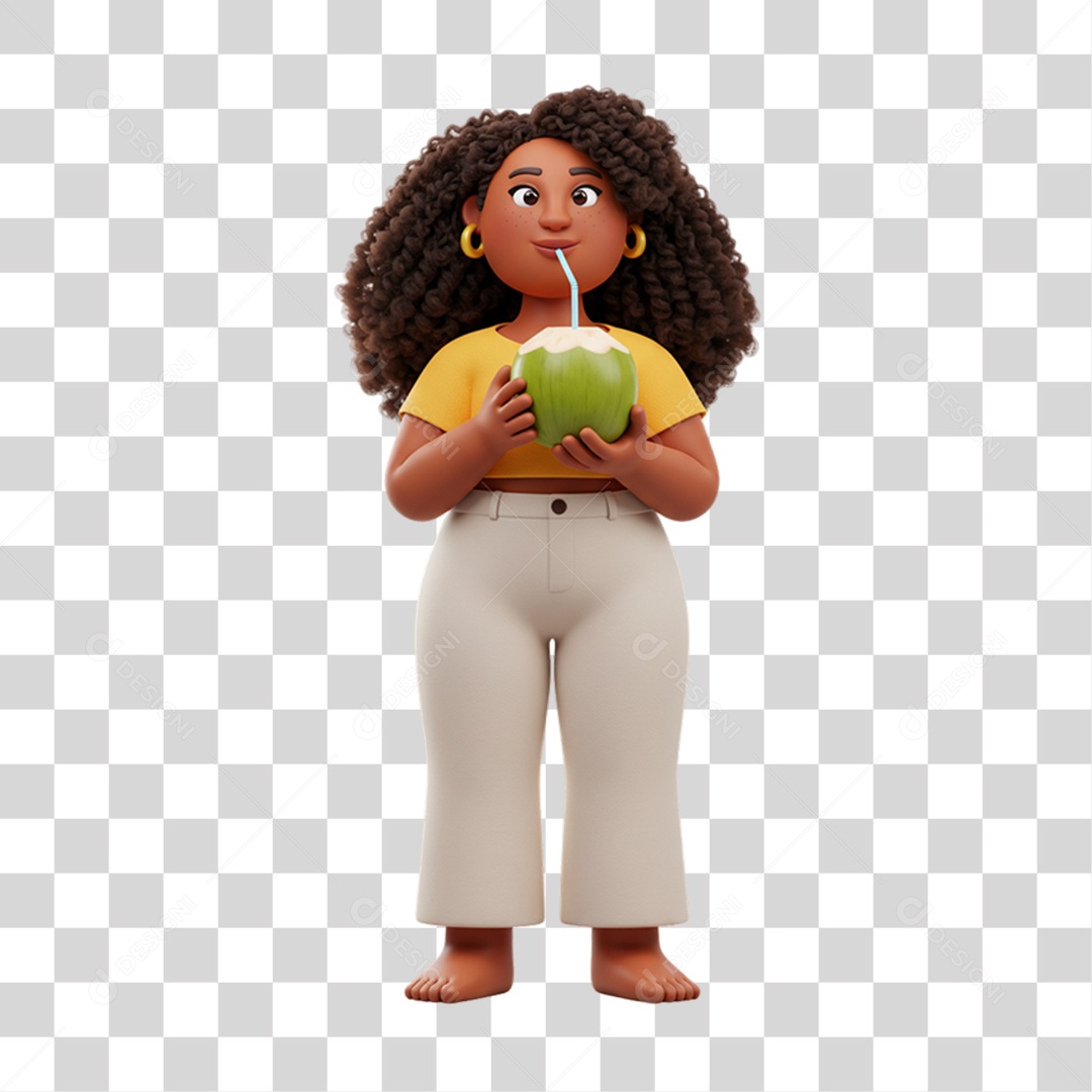 Mulher Tomando Água de Coco em Praia PNG Transparente