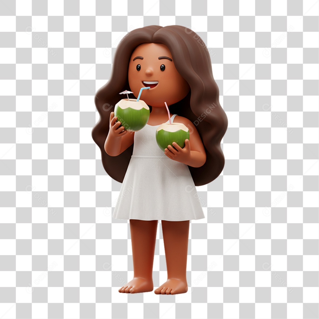 Mulher Tomando Água de Coco em Praia PNG Transparente