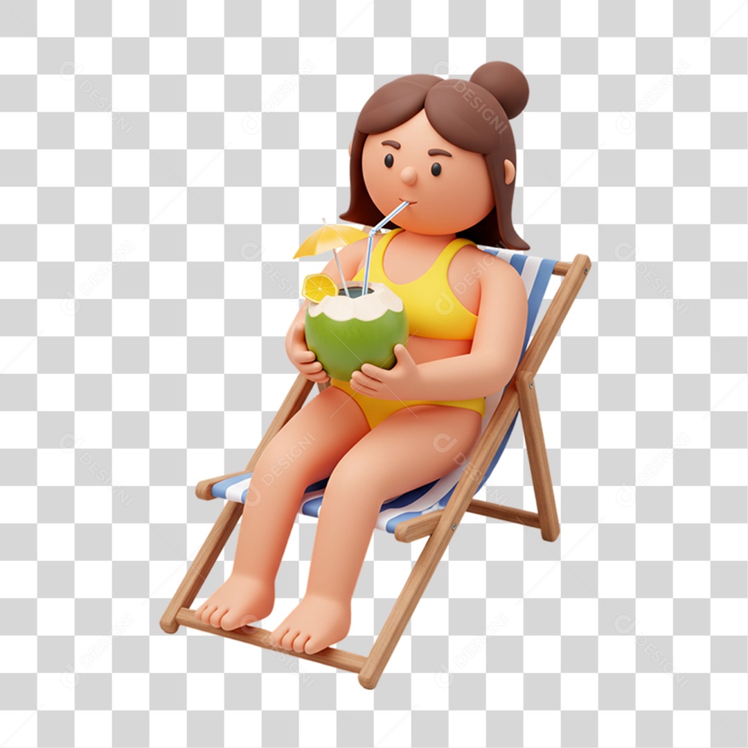 Mulher Tomando Água de Coco em Praia PNG Transparente