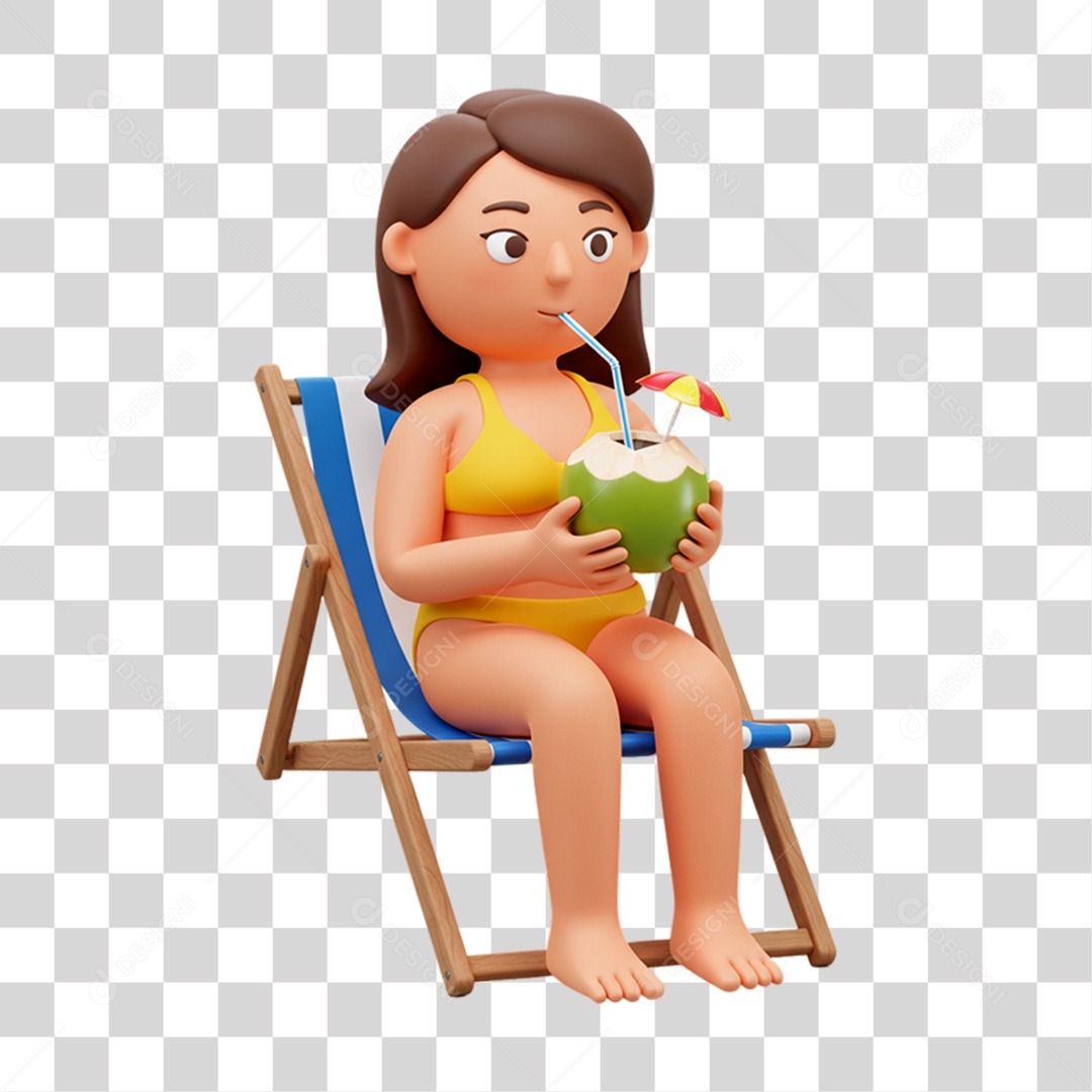 Mulher Tomando Água de Coco em Praia PNG Transparente