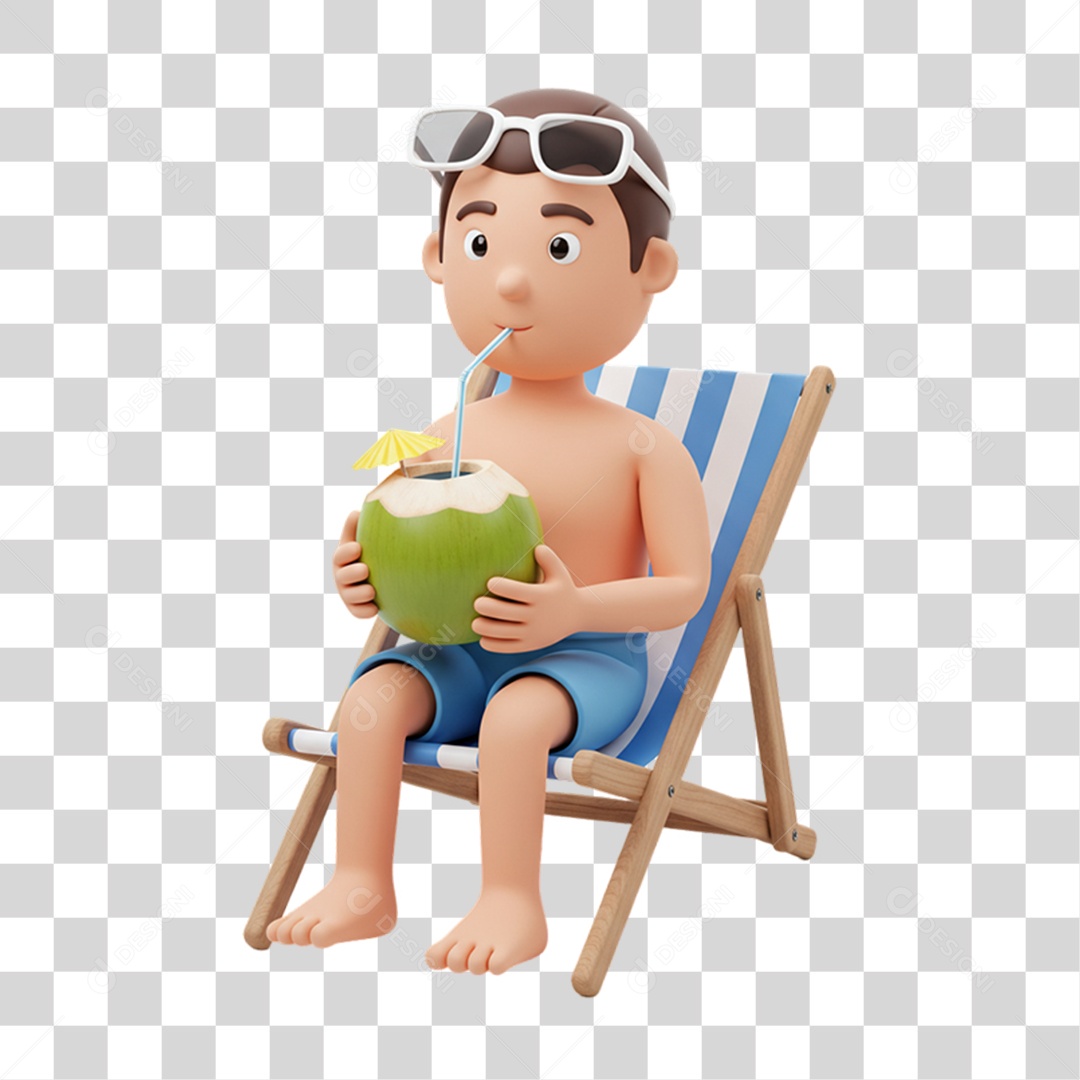 Homem Tomando Água de Coco em Praia PNG Transparente