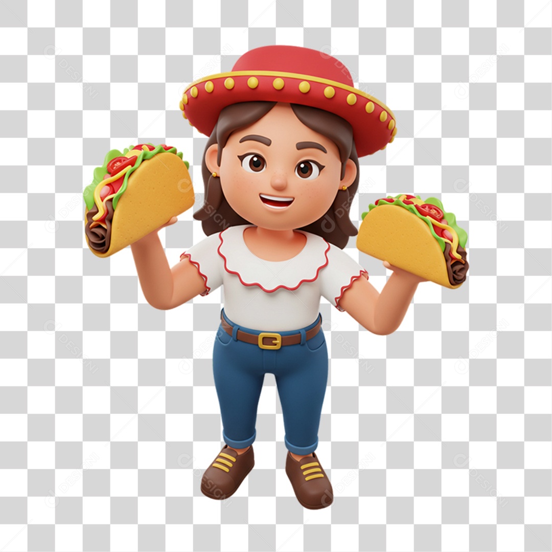 Personagem Mulher com Taco Mexicano PNG Transparente