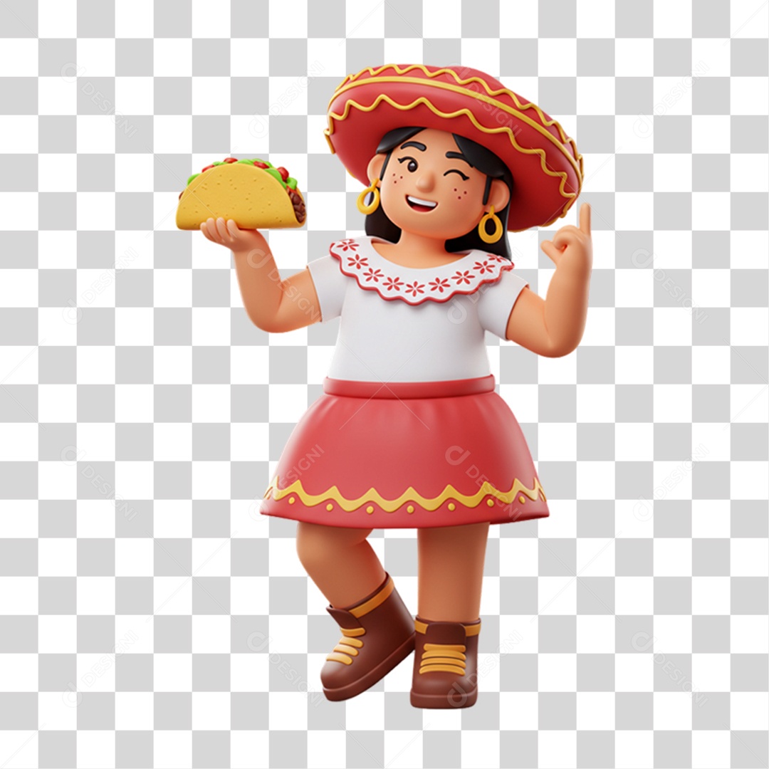 Personagem Mulher com Taco Mexicano PNG Transparente