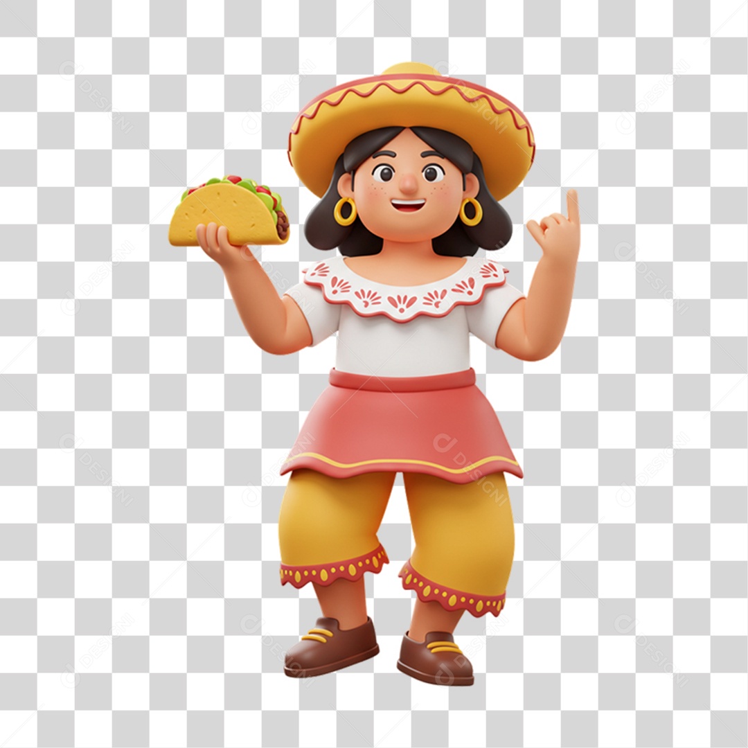 Personagem Mulher com Taco Mexicano PNG Transparente