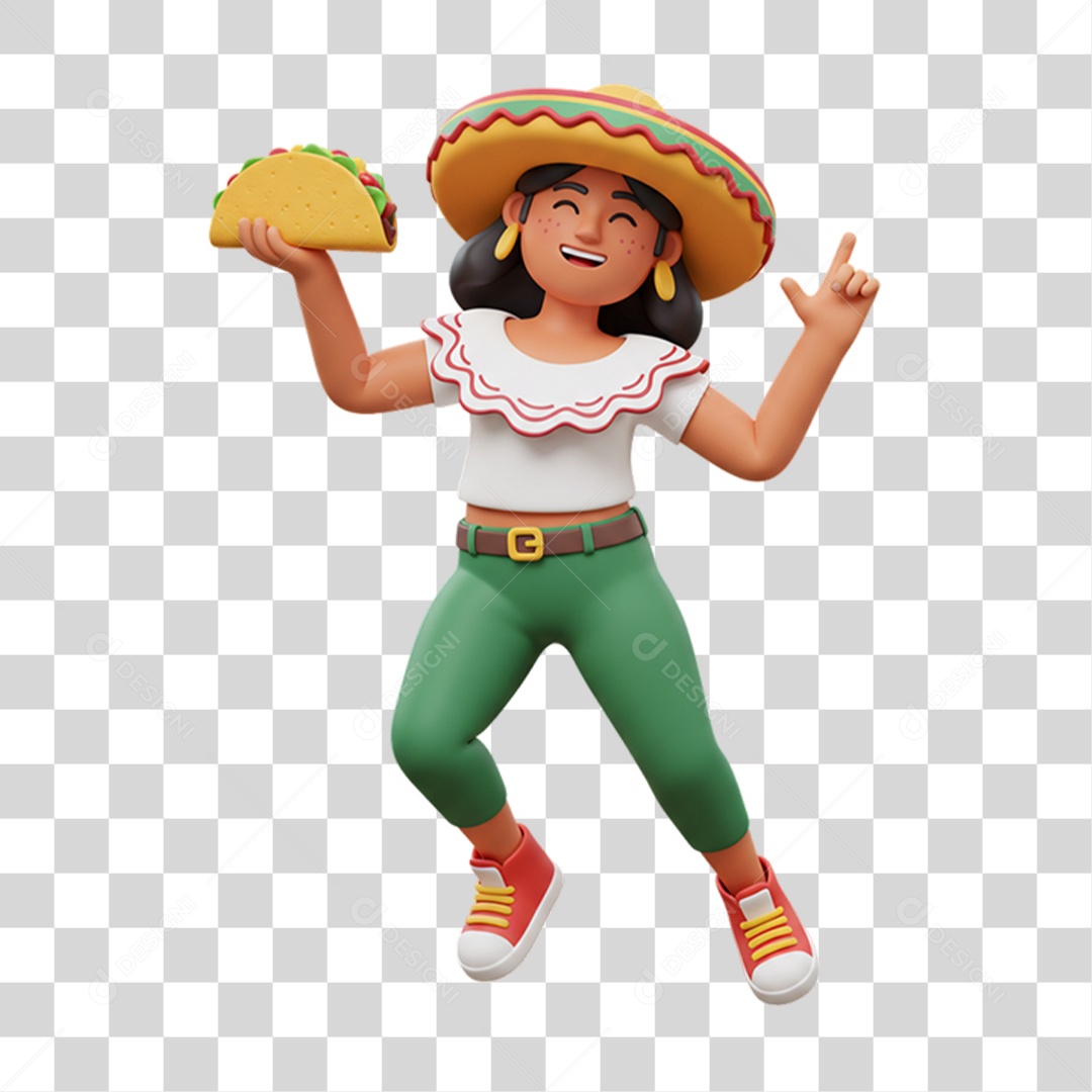 Personagem Mulher com Taco Mexicano PNG Transparente