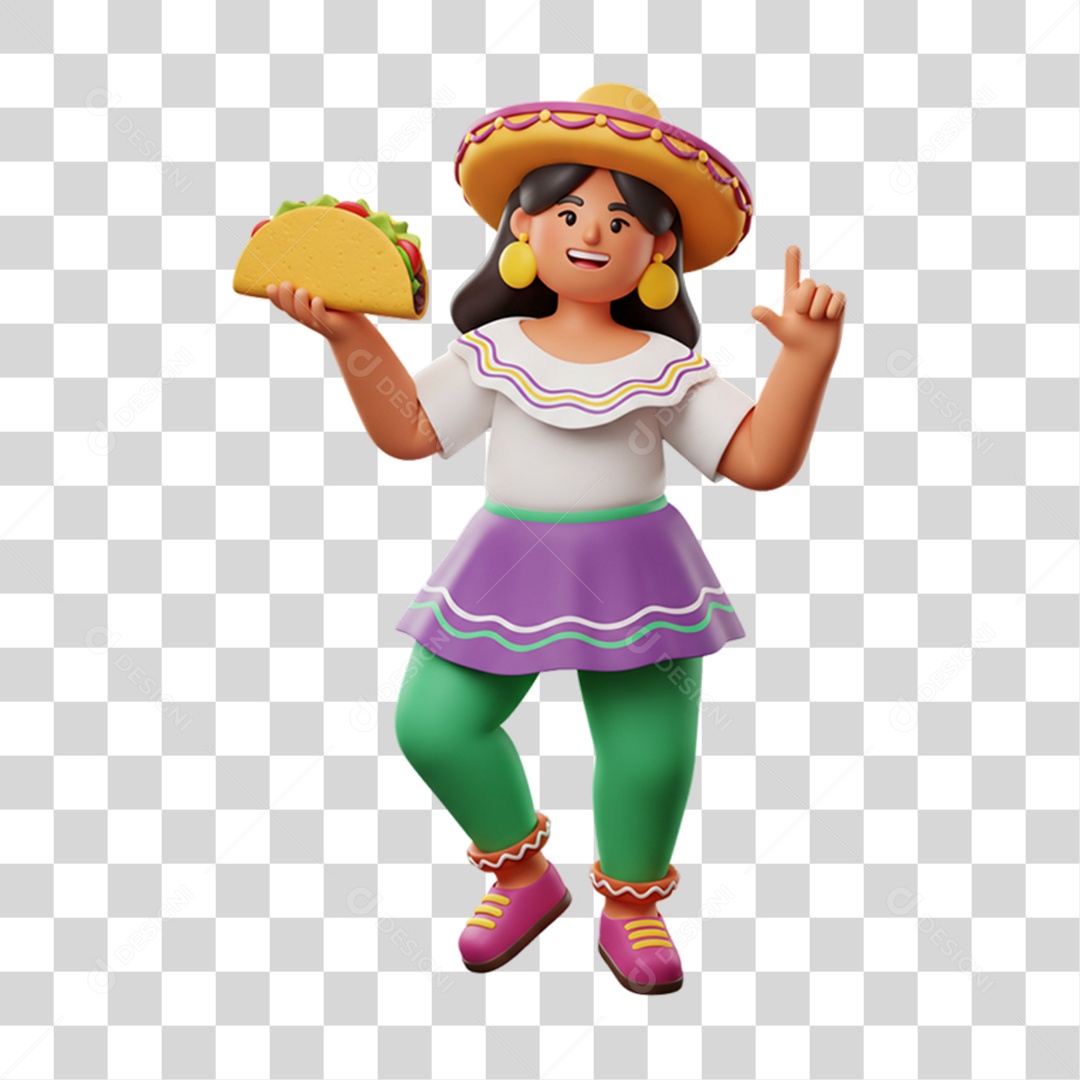 Personagem Mulher com Taco Mexicano PNG Transparente