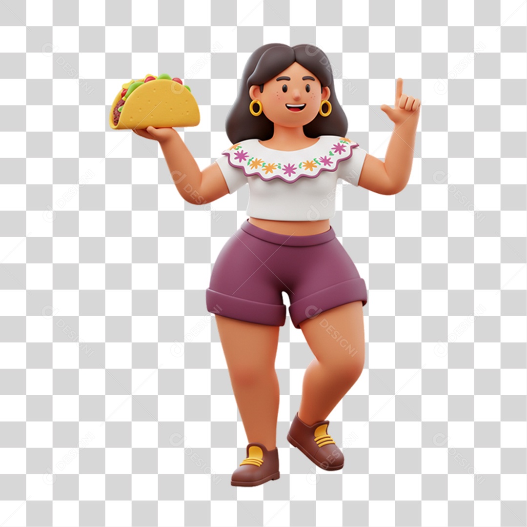 Personagem Mulher com Taco Mexicano PNG Transparente