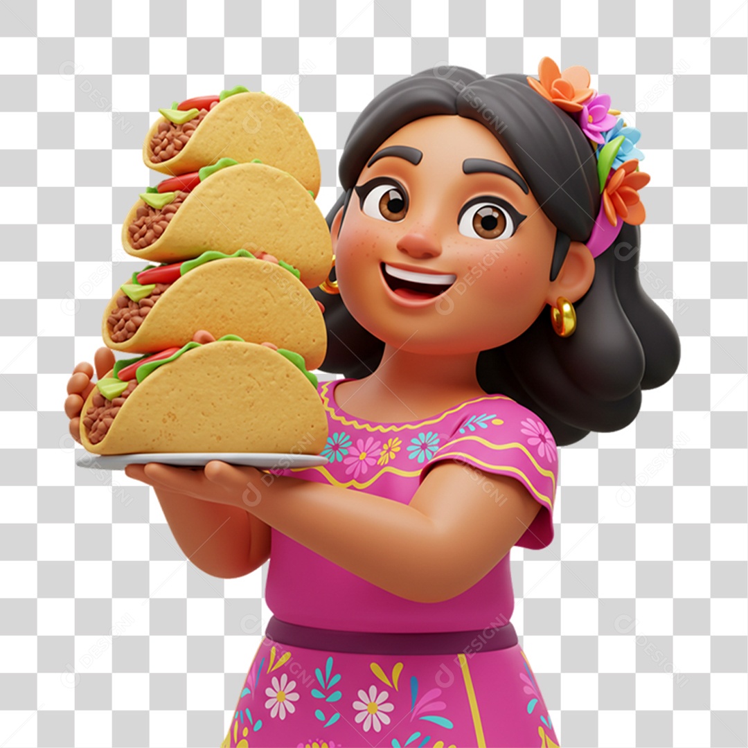Personagem Mulher com Taco Mexicano PNG Transparente
