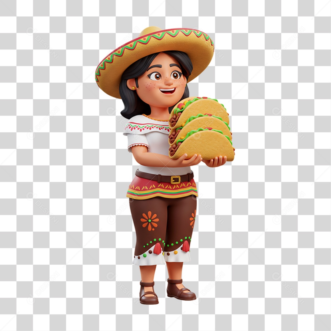 Personagem Mulher com Taco Mexicano PNG Transparente