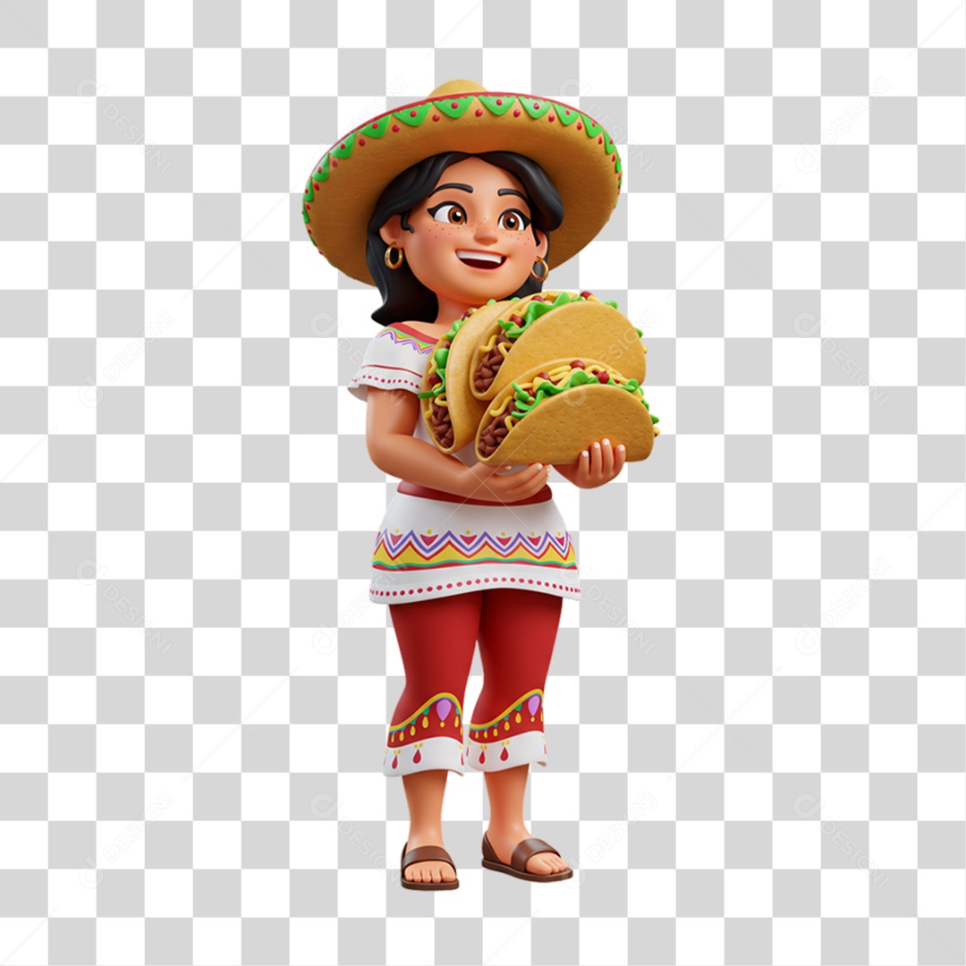 Personagem Mulher com Taco Mexicano PNG Transparente