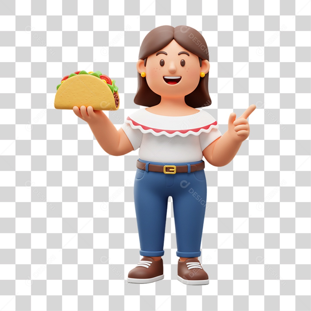 Personagem Mulher com Taco Mexicano PNG Transparente