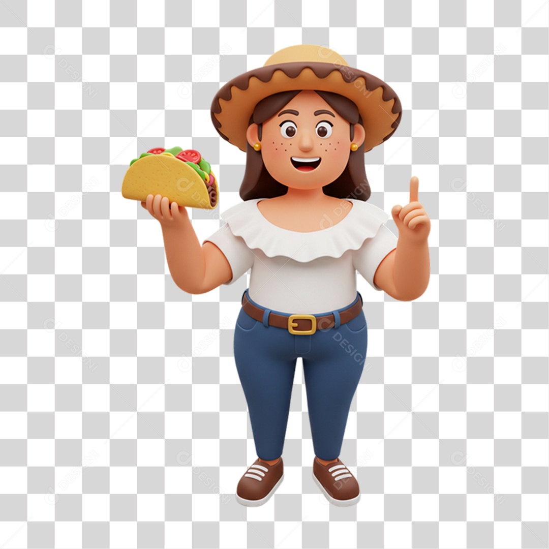 Personagem Mulher com Taco Mexicano PNG Transparente