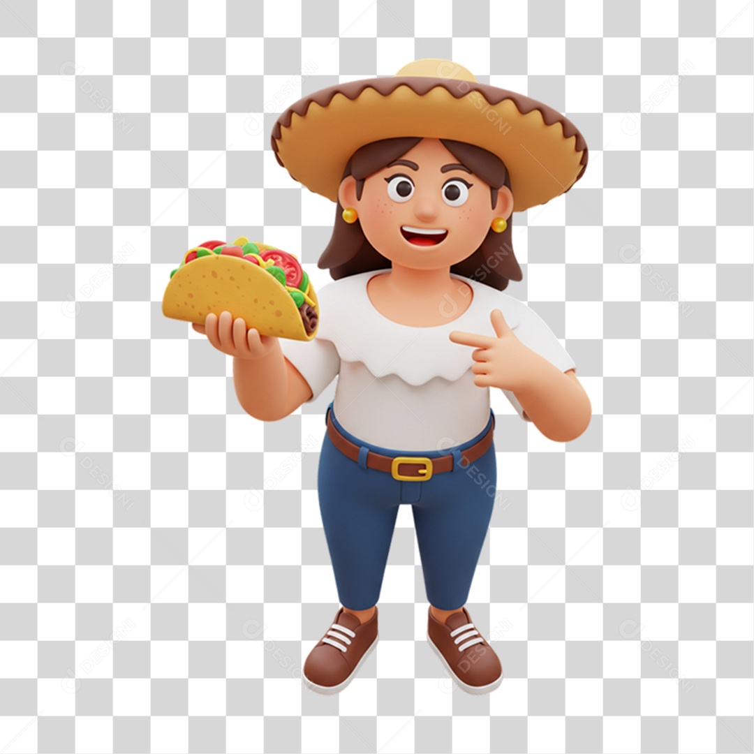 Personagem Mulher com Taco Mexicano PNG Transparente