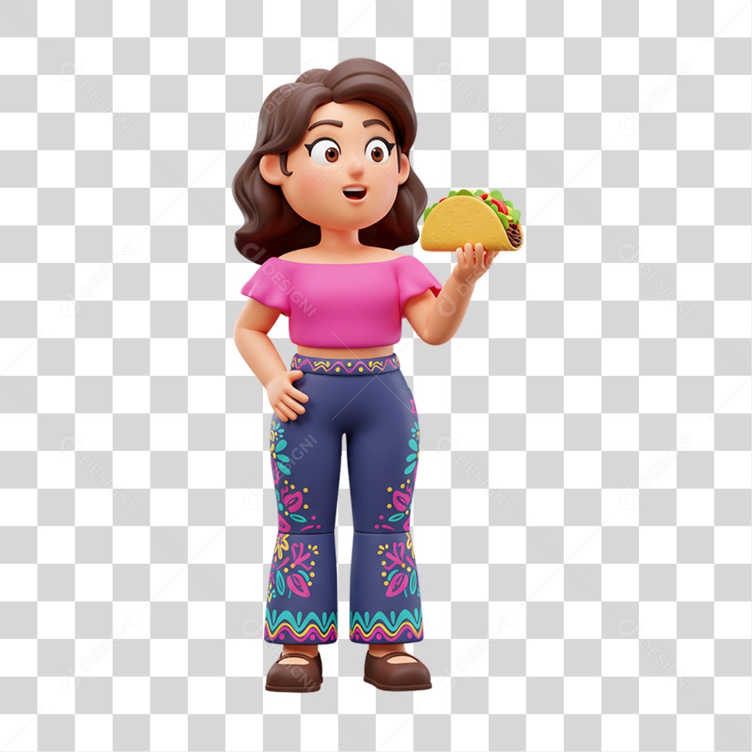 Personagem Mulher com Taco Mexicano PNG Transparente