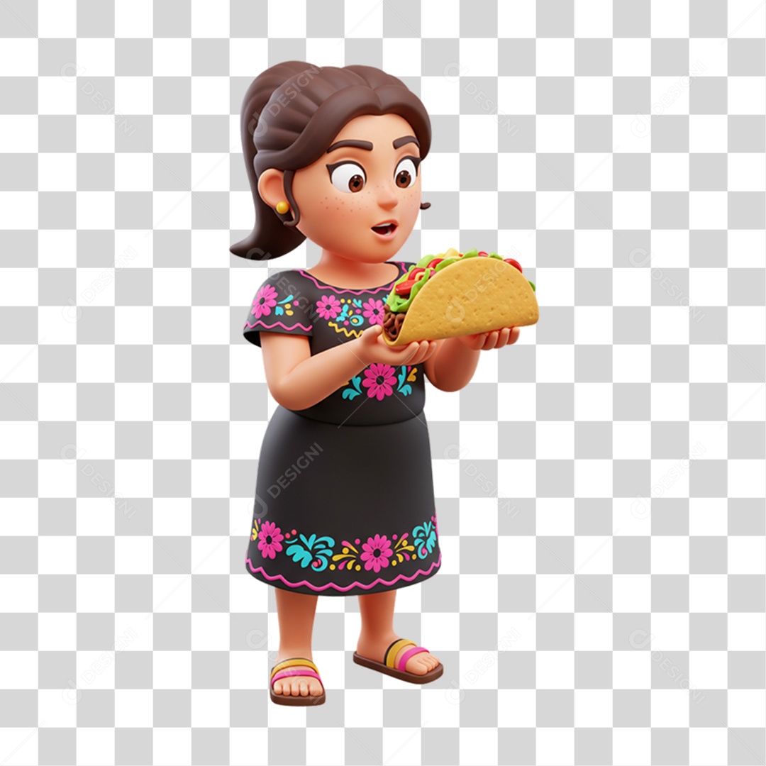 Personagem Mulher com Taco Mexicano PNG Transparente