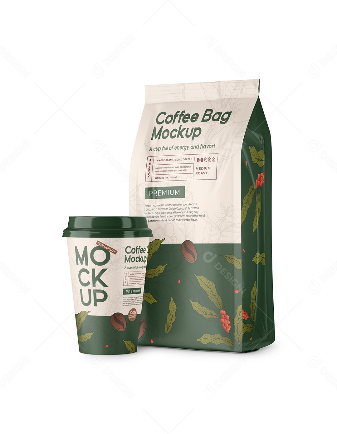 Mockup Embalagem de Café com Copo PSD Editável