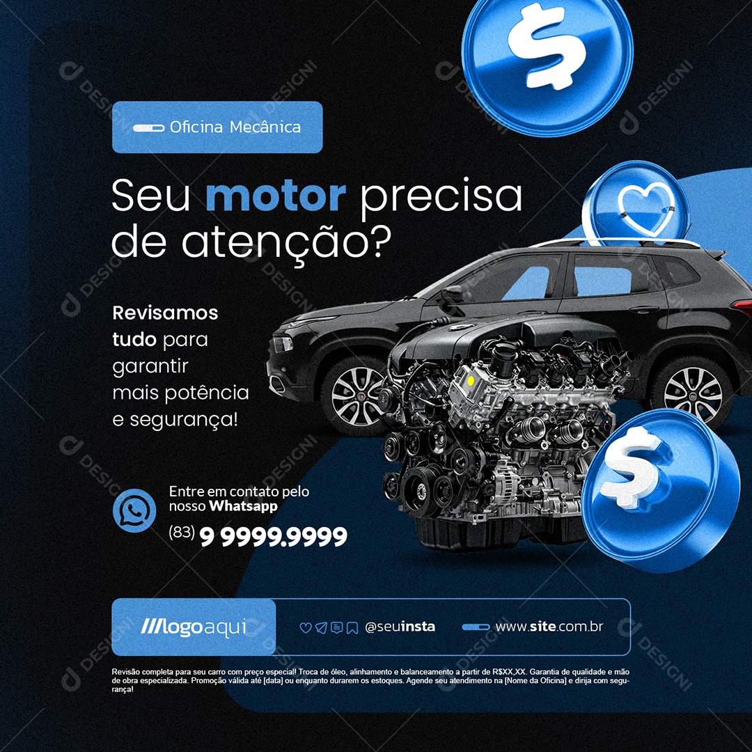 Oficina Mecânica Seu Motor Precisa de Atenção Social Media PSD Editável