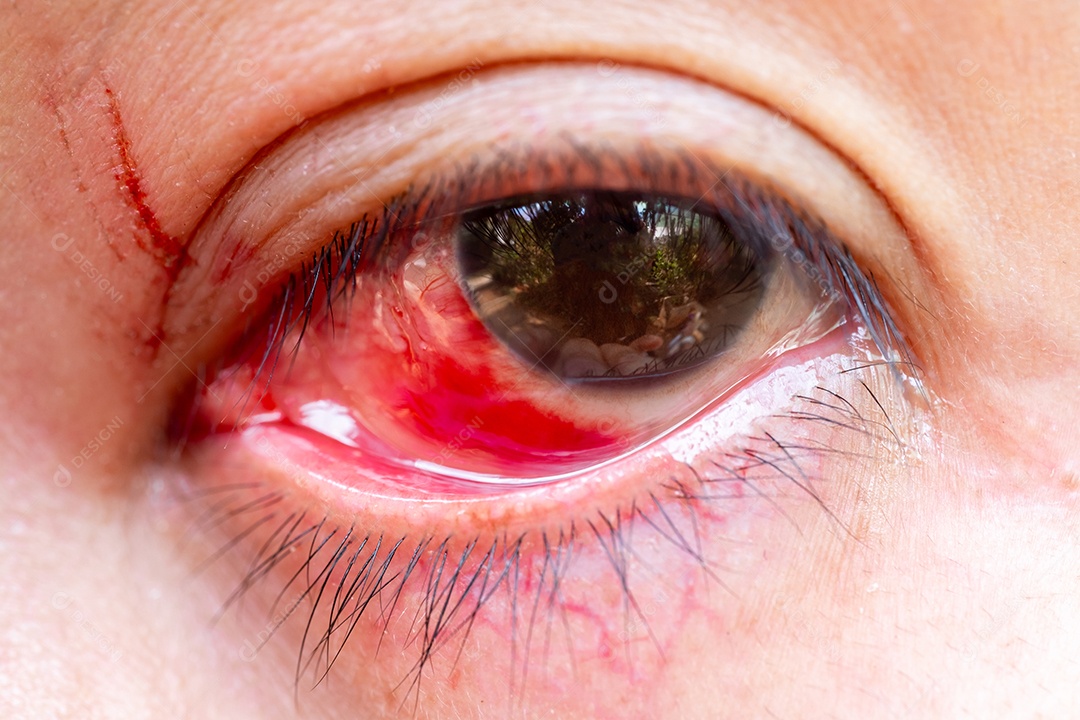 Severa injeção de sangue de mulheres adultas maduras afetadas por conjuntivite ou condição de conjuntivite por acidente