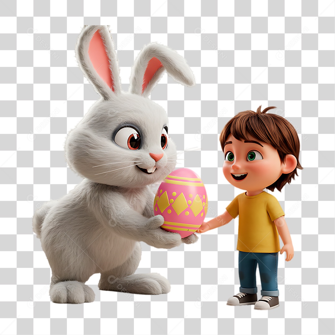 Coelho Entregando Ovo de Páscoa a Criança PNG Transparente