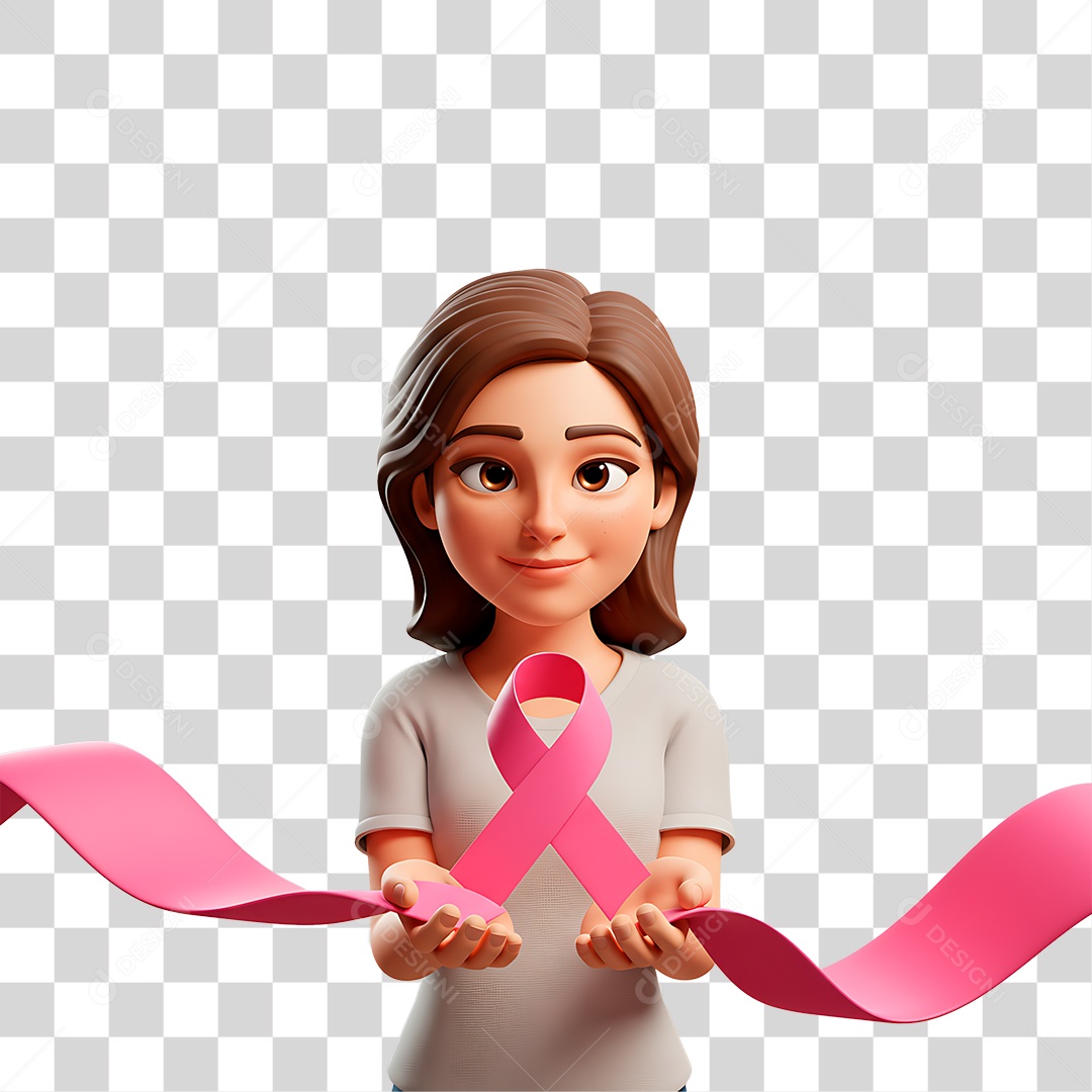 Personagem Mulher Segurando Laço Rosa PNG Transparente