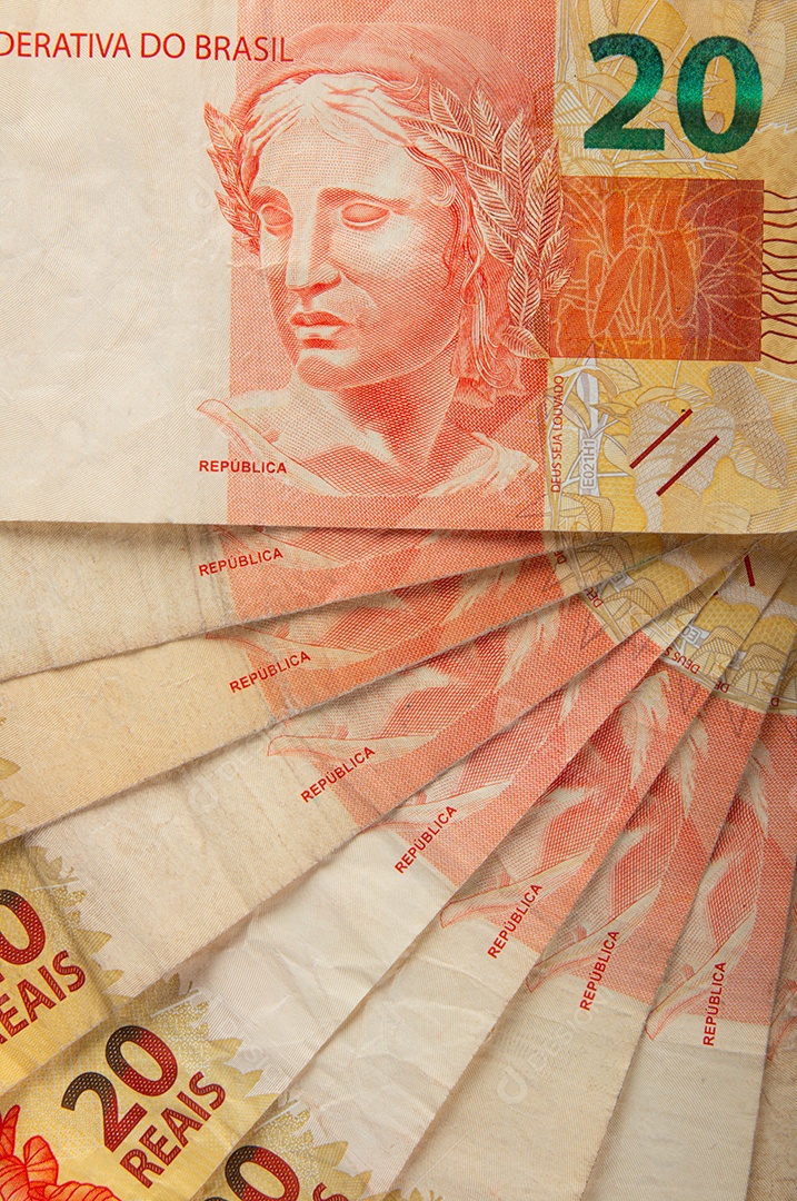Dinheiro brasileiro close de um leque de notas de 20 reais
