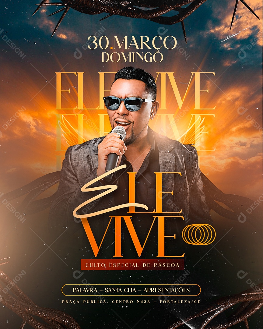 Flyer Gospel Ele Vive Culto Especial De Páscoa Social Media PSD Editável