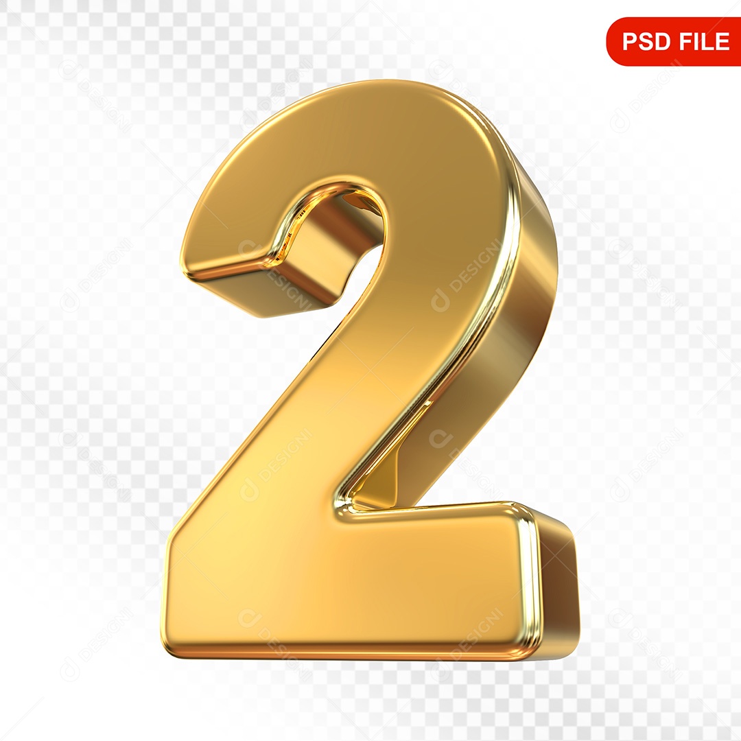Elemento 3D Número 2 Dourado Para Composição PSD