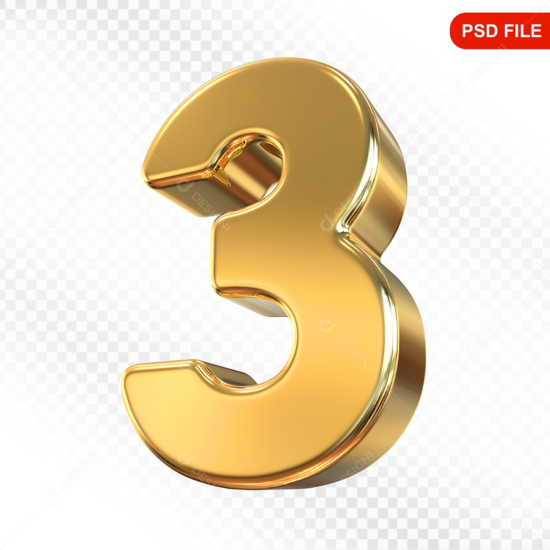 Elemento 3D Número 3 Dourado Para Composição PSD