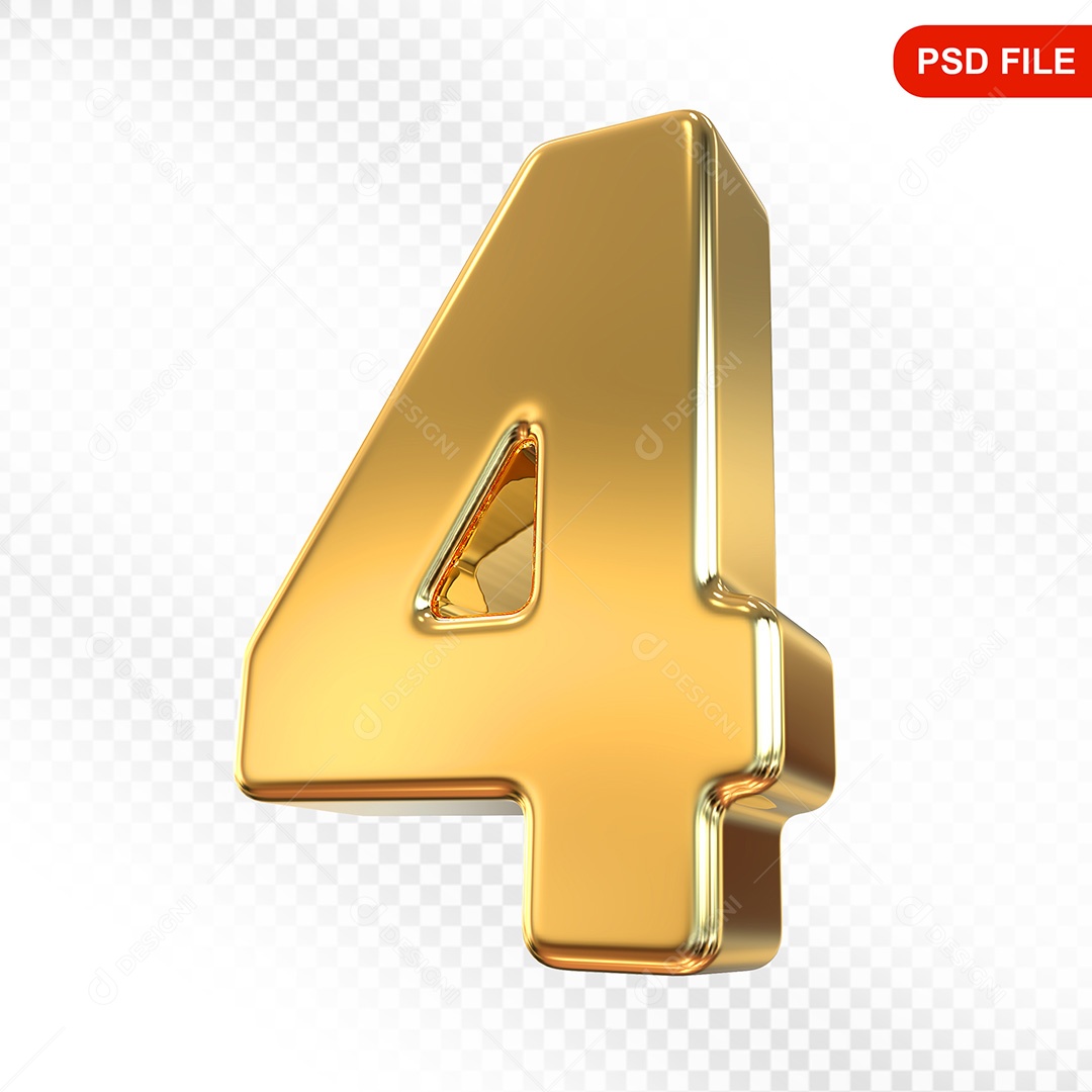 Elemento 3D Número 4 Dourado Para Composição PSD