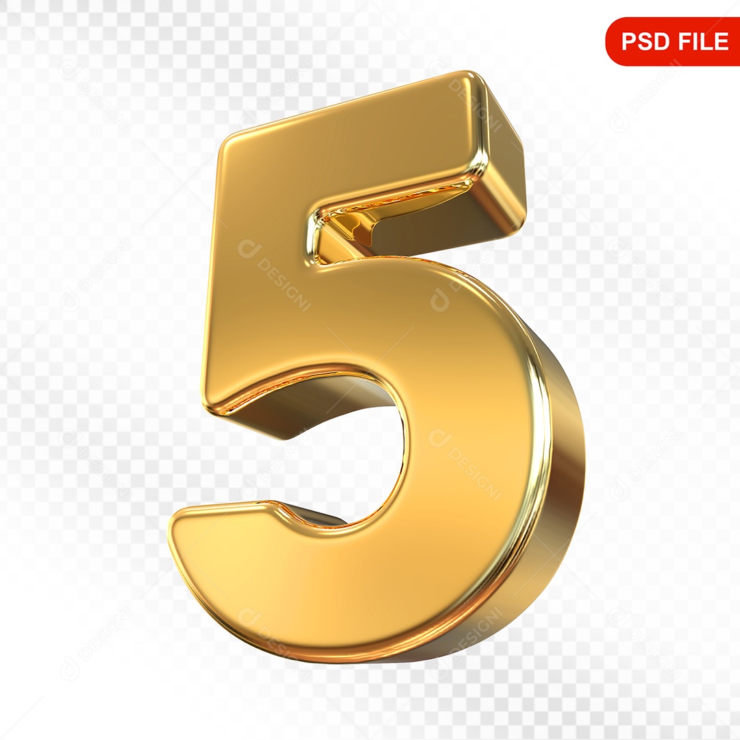 Elemento 3D Número 5 Dourado Para Composição PSD