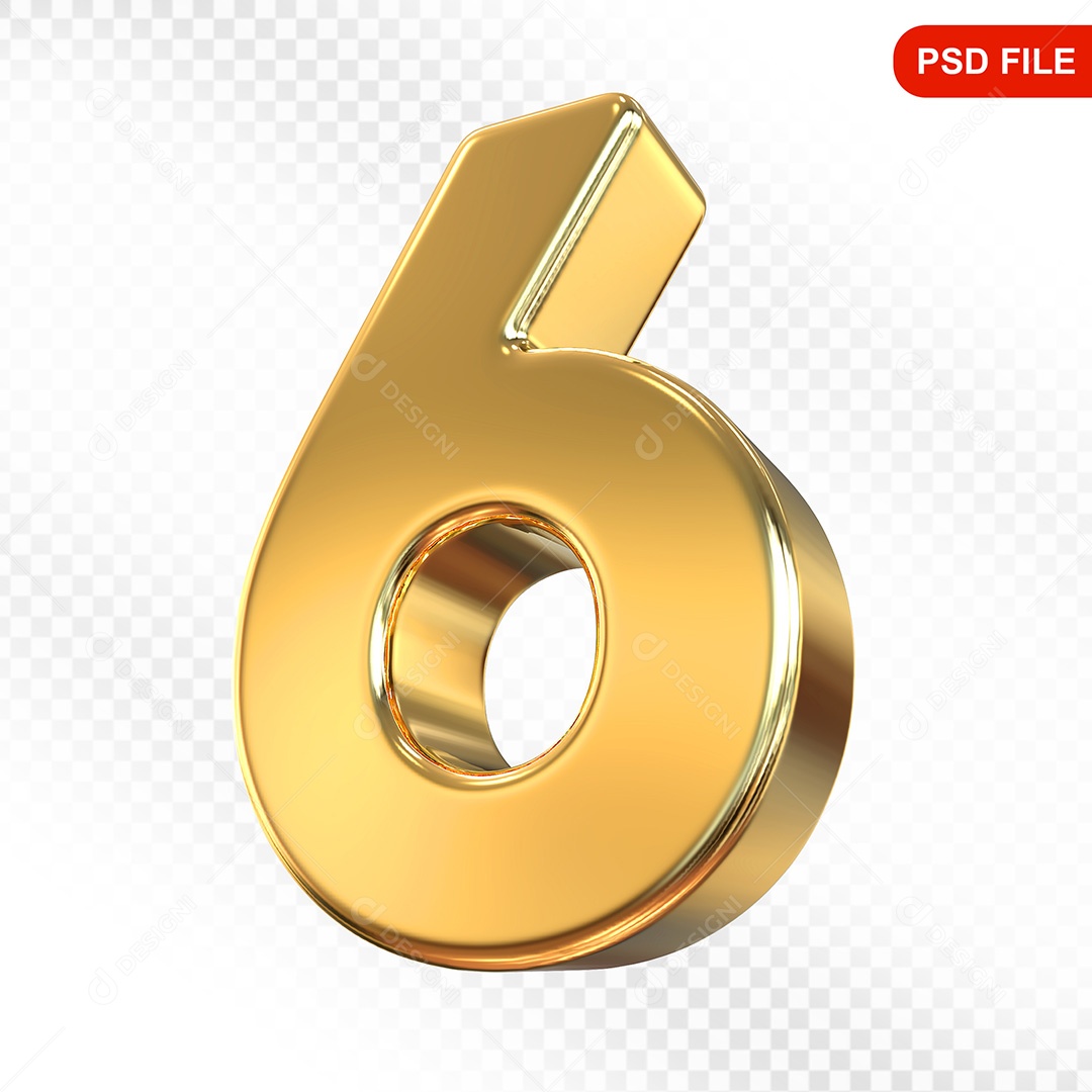 Elemento 3D Número 6 Dourado Para Composição PSD