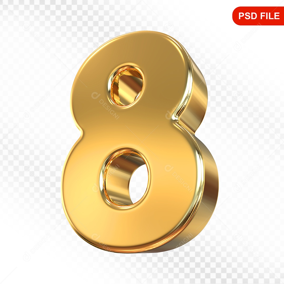 Elemento 3D Número 8 Dourado Para Composição PSD