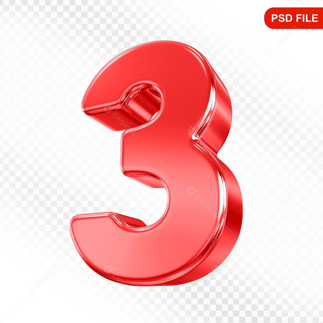 Elemento 3D Número 3 Vermelho Para Composição PSD