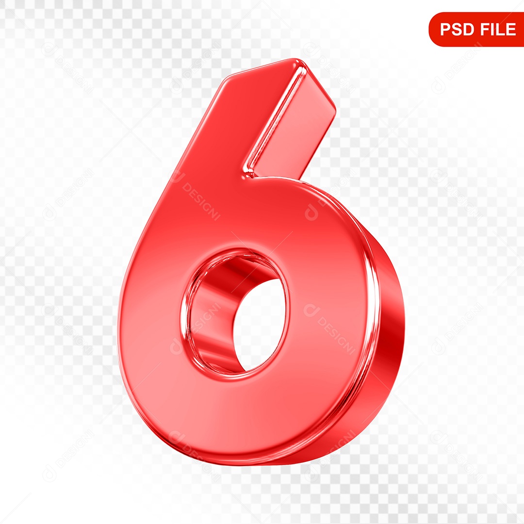 Elemento 3D Número 6 Vermelho Para Composição PSD