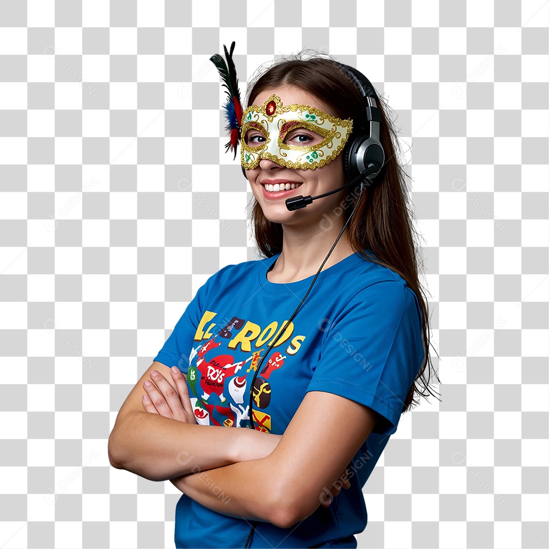 Mulher Atendente Camiseta Azul Máscara de Carnaval PNG Transparente