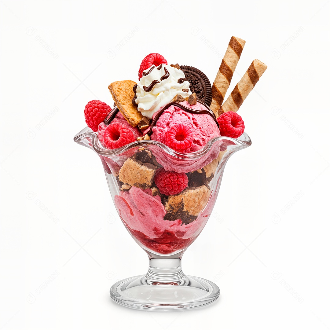 Delicioso sorvete em taça de vidro sobre fundo branco isolado