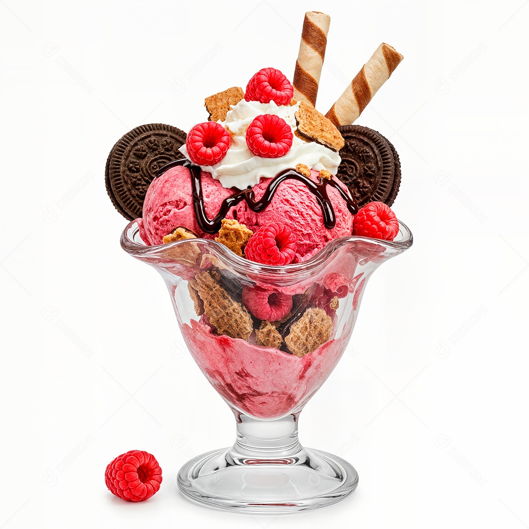 Delicioso sorvete em taça de vidro sobre fundo branco isolado