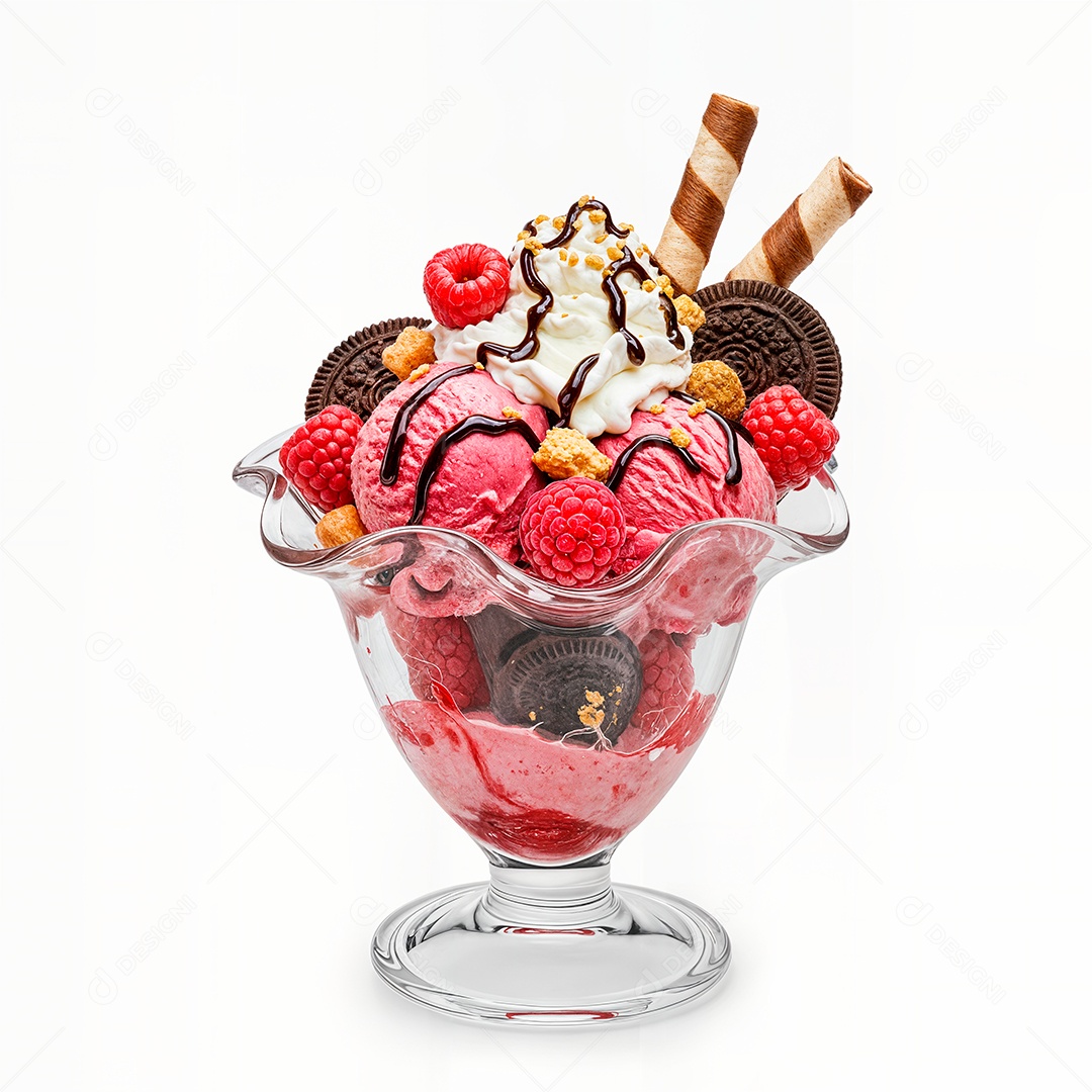 Delicioso sorvete em taça de vidro sobre fundo branco isolado